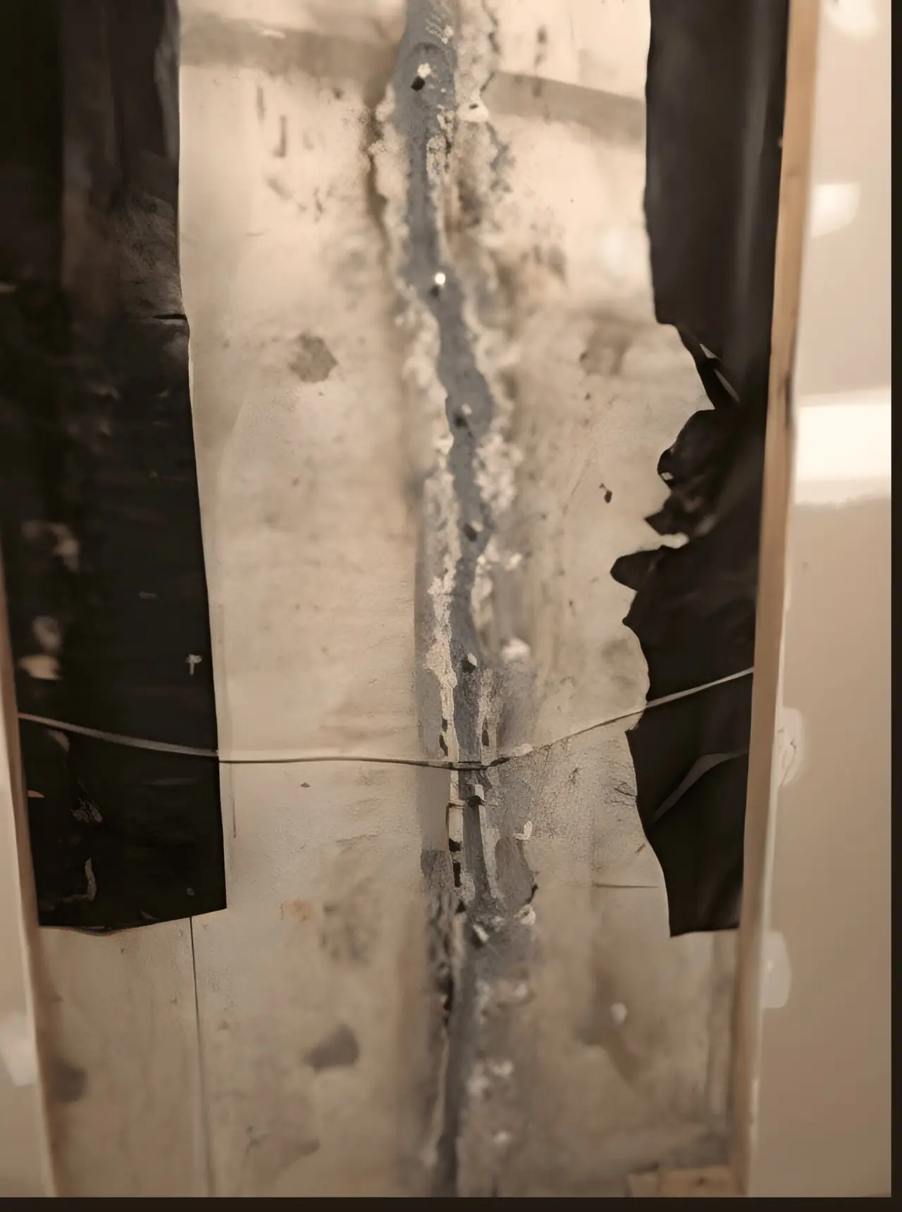 Sealed vertical crack in a poured concrete foundation wall