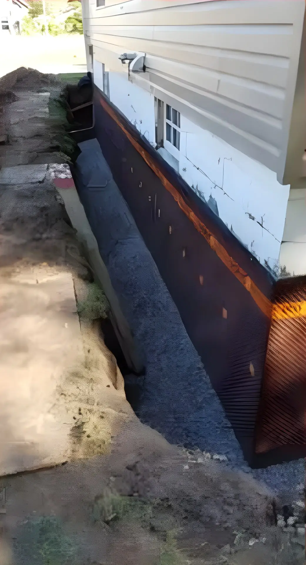 Exterior waterproofing membrane applied to an excavated foundation wall beside the house