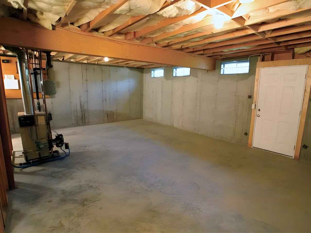 Dry, finished basement after an interior waterproofing system was installed by Basement Worx