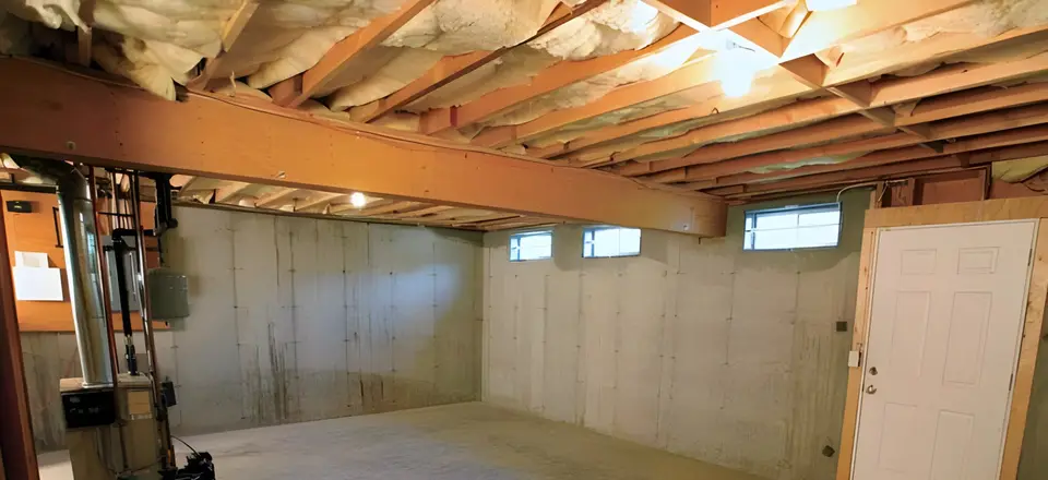 Dry, finished basement after an interior waterproofing system was installed by Basement Worx