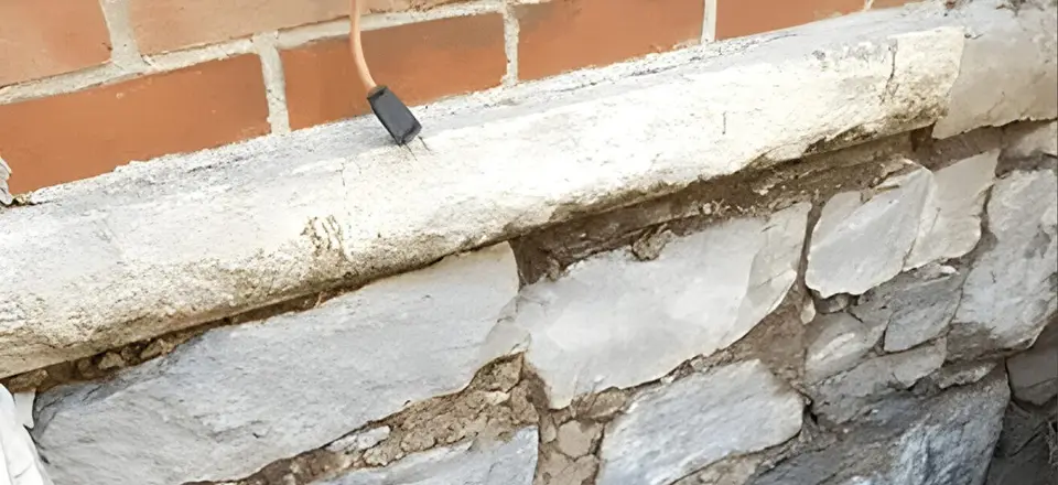Century-home stone foundation wall exposed for repointing and parging